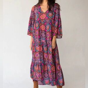 Natural Life Boho Charlotte Midi Dress in Black Printed Folk Circles Size Large